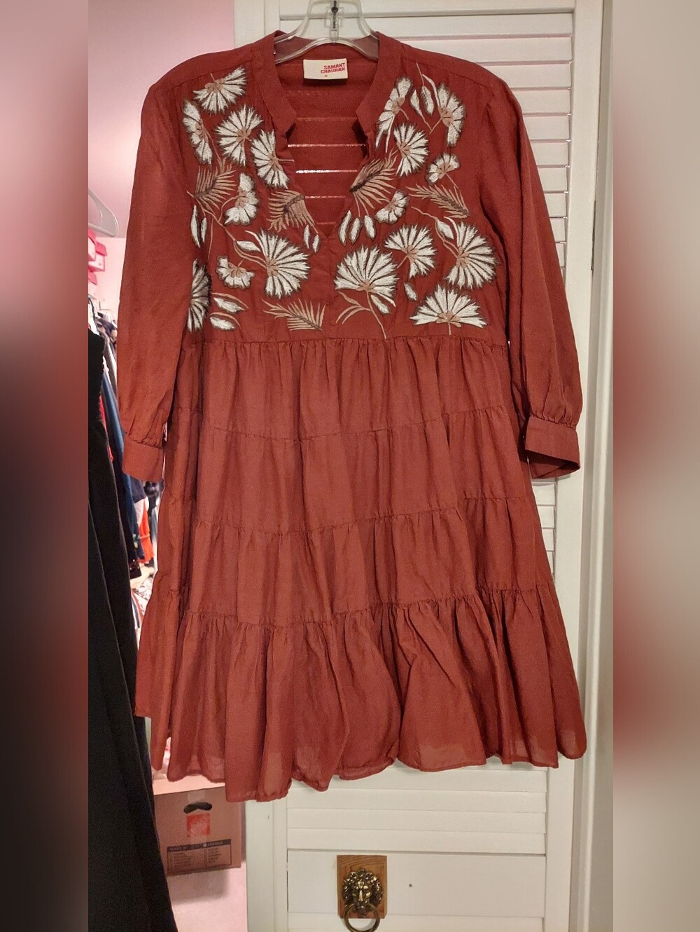 Embroidered Rust Tiered Long-Sleeve Dress Anthropologie